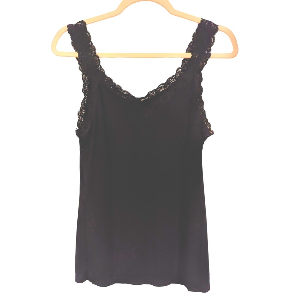 Black Lace Trim Tank Top Women's Large L Sleeveless‎ Casual Layering Figur
